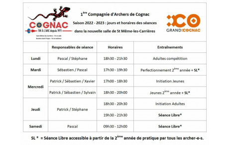 Horaires Tirs 2022 - 2023 : vous trouverez les créneaux et horaires en pièce jointe.